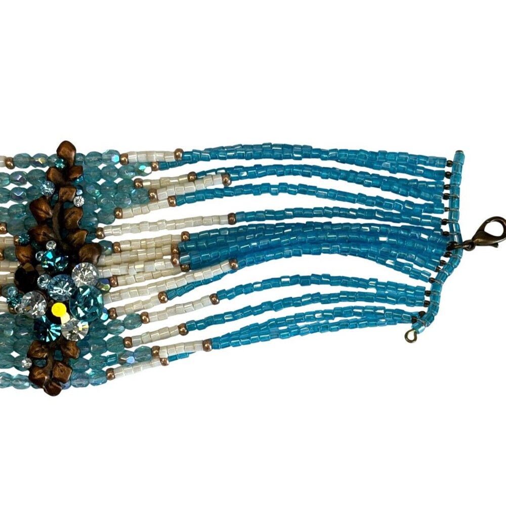 Title:Aqua Boho Wide Cuff Statement Bracelet Seed Beads Rhinestone Center Adjus - Picture 6 of 9
